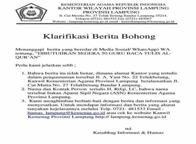 klarifikasi berita kanwil kemenag lampung